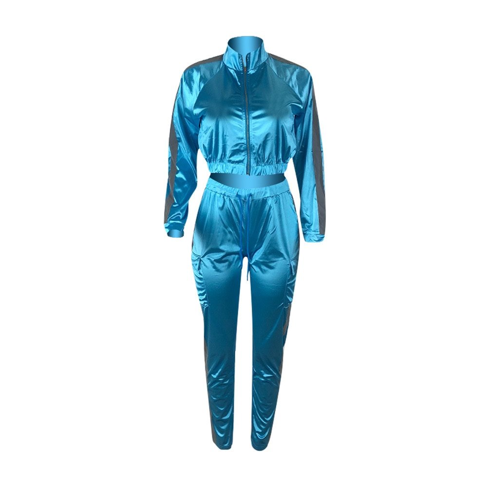 Echoine Reflecterende Strip Patchwork 2 Delige Set Vrouwen Trainingspak Jas Broek Set Jogging Femme Sportwear Bijpassende Set Twee Stuk