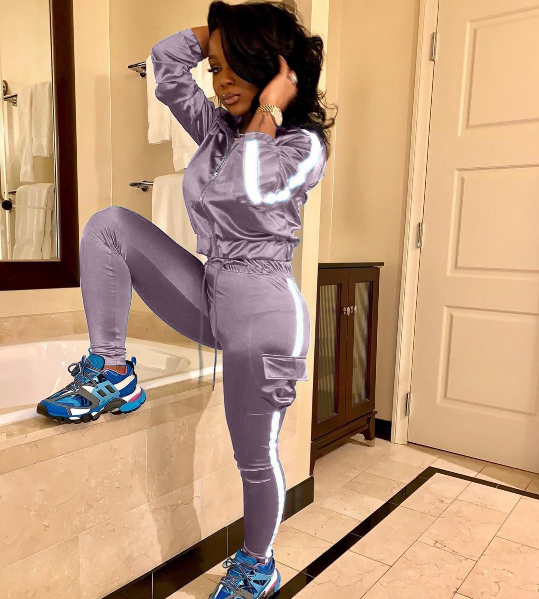 Echoine Reflecterende Strip Patchwork 2 Delige Set Vrouwen Trainingspak Jas Broek Set Jogging Femme Sportwear Bijpassende Set Twee Stuk