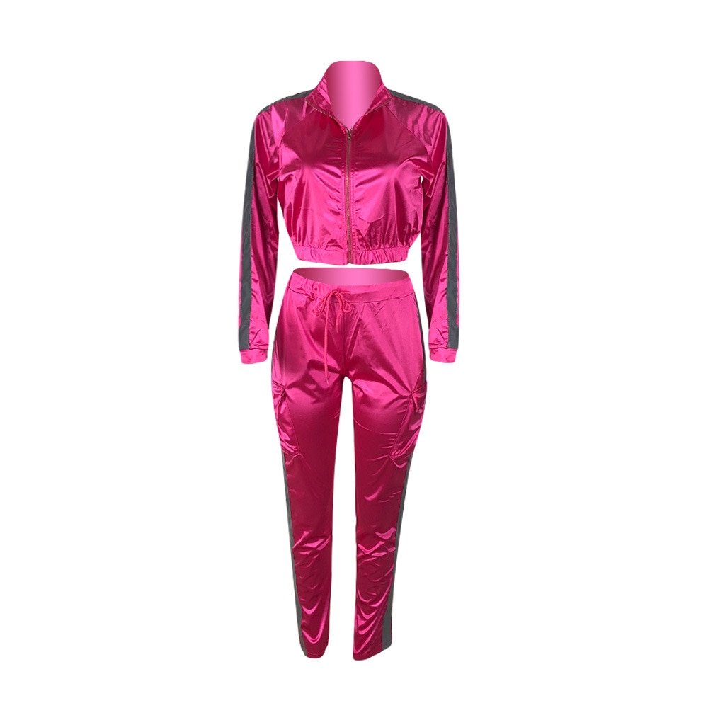 Echoine Reflecterende Strip Patchwork 2 Delige Set Vrouwen Trainingspak Jas Broek Set Jogging Femme Sportwear Bijpassende Set Twee Stuk
