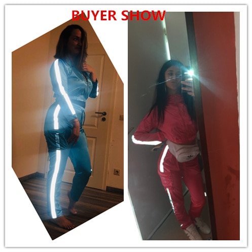 Echoine Reflecterende Strip Patchwork 2 Delige Set Vrouwen Trainingspak Jas Broek Set Jogging Femme Sportwear Bijpassende Set Twee Stuk