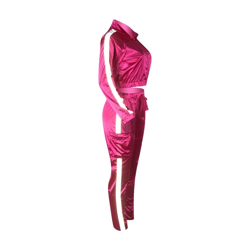Echoine Reflecterende Strip Patchwork 2 Delige Set Vrouwen Trainingspak Jas Broek Set Jogging Femme Sportwear Bijpassende Set Twee Stuk