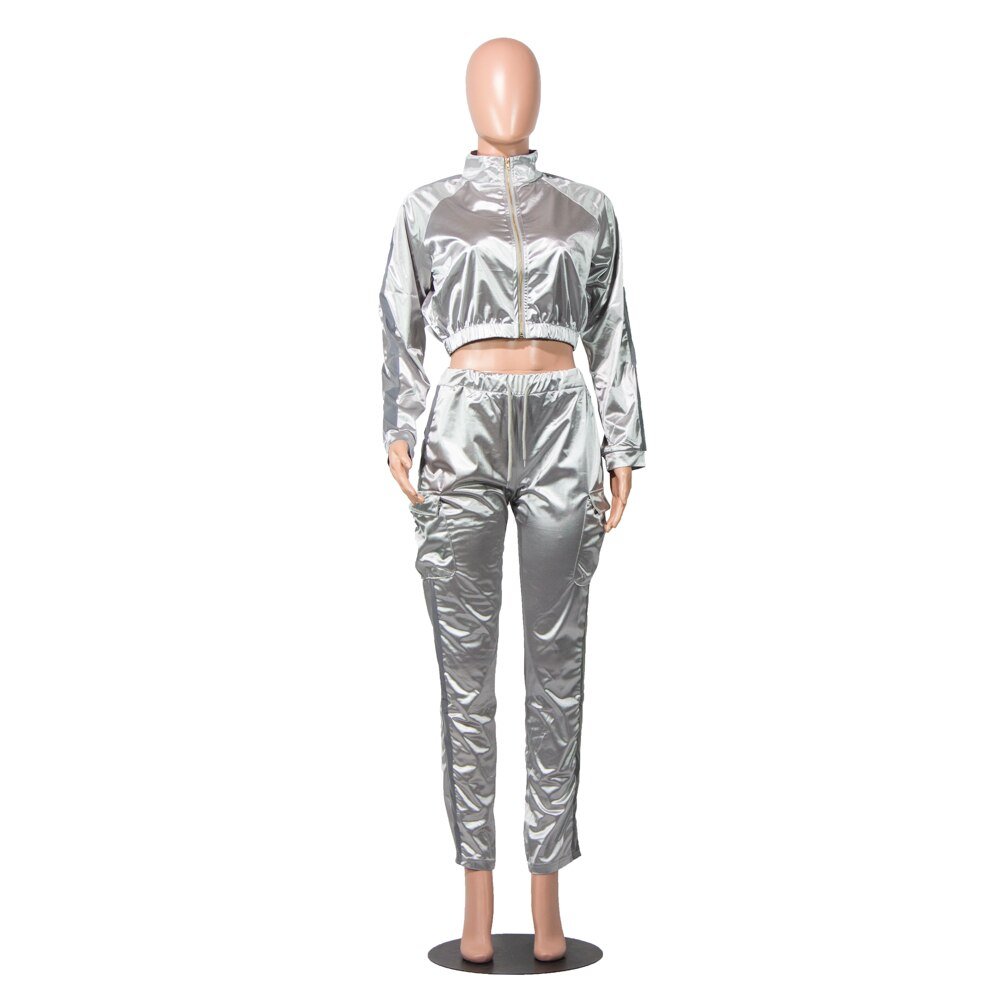 Echoine Reflecterende Strip Patchwork 2 Delige Set Vrouwen Trainingspak Jas Broek Set Jogging Femme Sportwear Bijpassende Set Twee Stuk