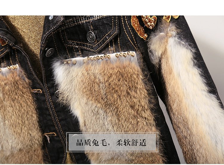 Mode 2 delige set vrouwen Jeans Set Real Konijn Haar Jeans Pak Warm tweedelige Pak voor Vrouwen Winter korte Jas + Denim Broek