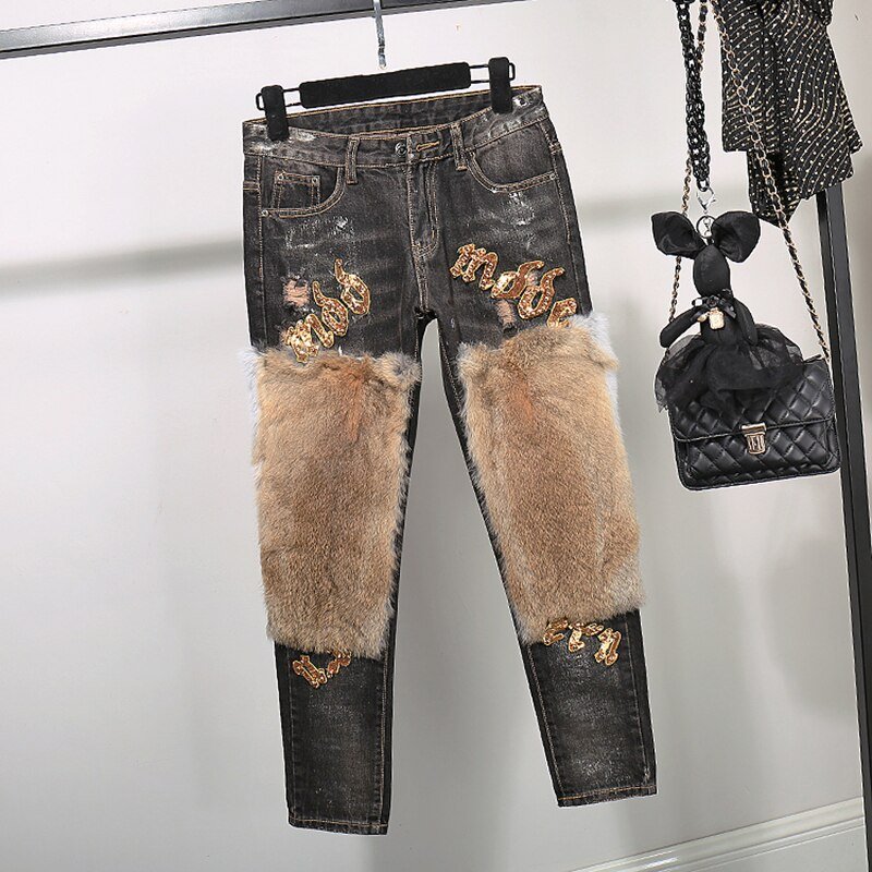 Mode 2 delige set vrouwen Jeans Set Real Konijn Haar Jeans Pak Warm tweedelige Pak voor Vrouwen Winter korte Jas + Denim Broek