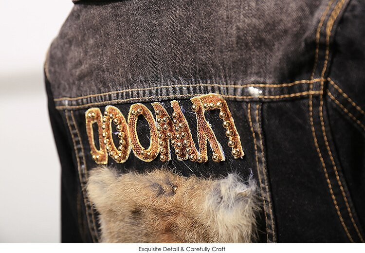 Mode 2 delige set vrouwen Jeans Set Real Konijn Haar Jeans Pak Warm tweedelige Pak voor Vrouwen Winter korte Jas + Denim Broek