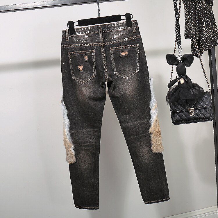 Mode 2 delige set vrouwen Jeans Set Real Konijn Haar Jeans Pak Warm tweedelige Pak voor Vrouwen Winter korte Jas + Denim Broek