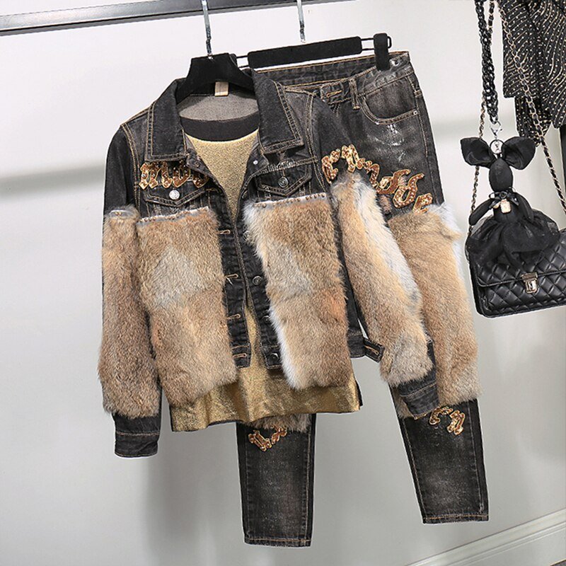 Mode 2 delige set vrouwen Jeans Set Real Konijn Haar Jeans Pak Warm tweedelige Pak voor Vrouwen Winter korte Jas + Denim Broek