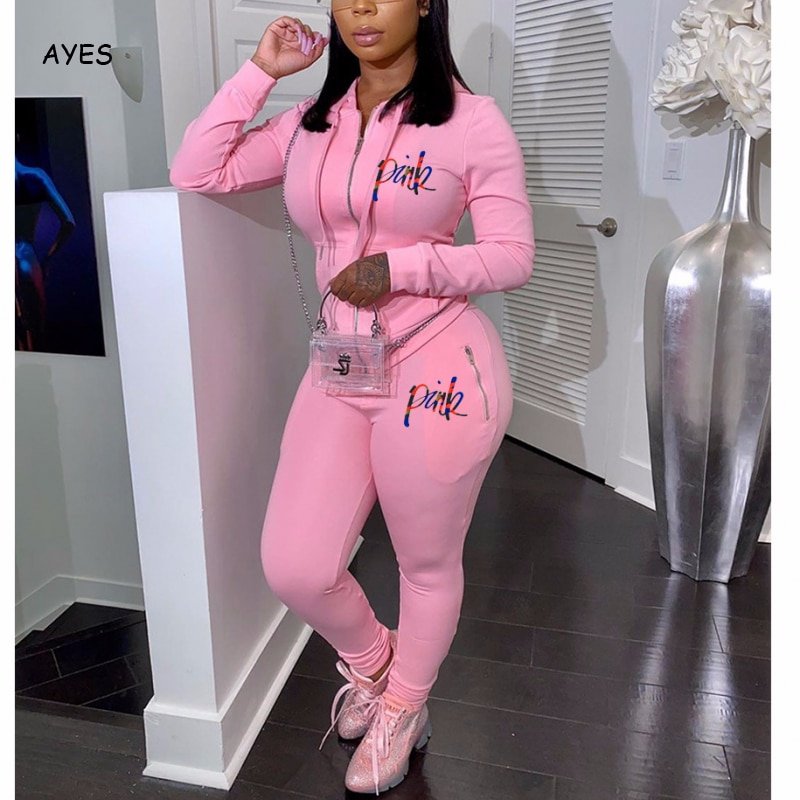 Herfst 2 Delige Set Vrouwen Roze Brief Trainingspak Trainingspakken Lange Mouwen Jas Top Broek Pak Womens Lady Sportkleding Leisure Suit