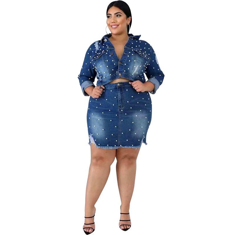 Herfst Winter Vrouwen Set Denim Trainingspakken Lange Mouwen Crop Top Mini Rokken suits Parels Tweedelige Pak Plus Size XL-5XL GL19436