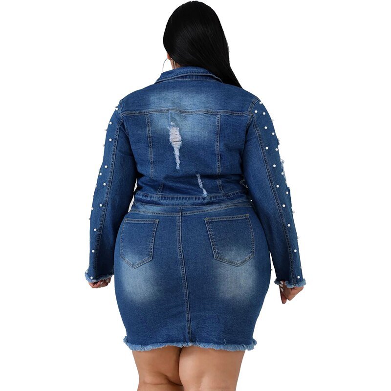 Herfst Winter Vrouwen Set Denim Trainingspakken Lange Mouwen Crop Top Mini Rokken suits Parels Tweedelige Pak Plus Size XL-5XL GL19436
