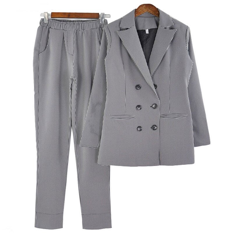 Kantoor Dame Mode Broek Set 2 Delige Set Vrouwen Double Breasted Plaid Blazer Jacket & Potlood Broek Kantoor Vrouwelijke Set outfits B623