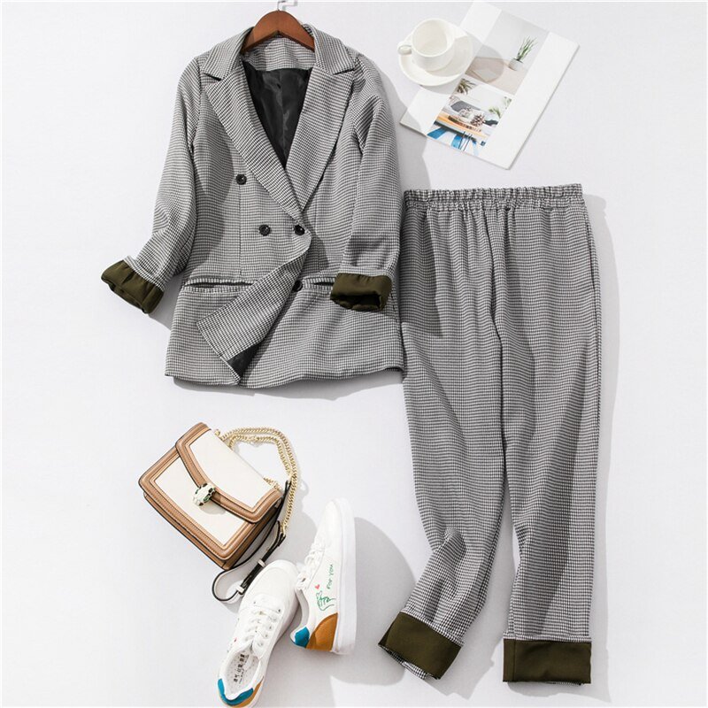 Kantoor Dame Mode Broek Set 2 Delige Set Vrouwen Double Breasted Plaid Blazer Jacket & Potlood Broek Kantoor Vrouwelijke Set outfits B623