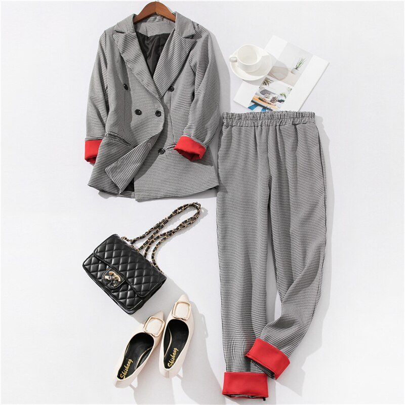 Kantoor Dame Mode Broek Set 2 Delige Set Vrouwen Double Breasted Plaid Blazer Jacket & Potlood Broek Kantoor Vrouwelijke Set outfits B623
