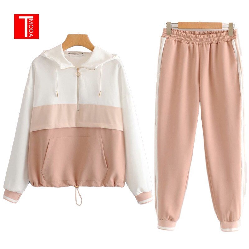 2019 Set Vrouwelijke Vintage Contrast Kleur Baseball Bomber Trui Jas Vrouwen Tops En Potlood Jogging Broek Past Tweedelige Sets