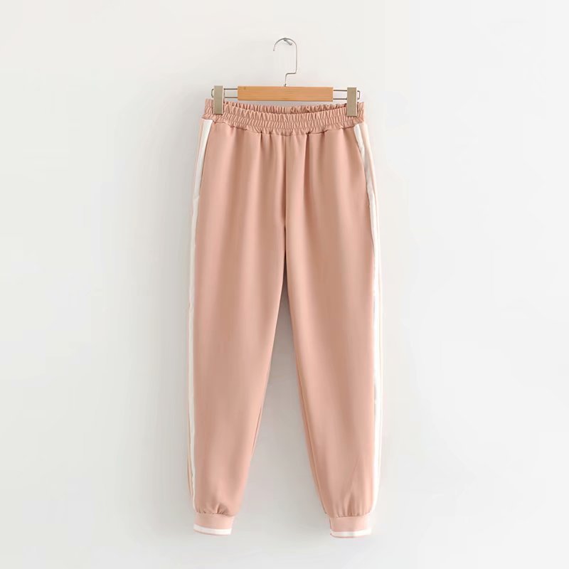 2019 Set Vrouwelijke Vintage Contrast Kleur Baseball Bomber Trui Jas Vrouwen Tops En Potlood Jogging Broek Past Tweedelige Sets