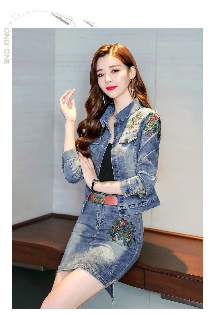 Vangull 2019 Herfst Vrouwen Bloemen Borduren Denim Jas Rok Pak Elegante Casual 2 Stuks Set Korte Jean Jas Mini Rokken pak
