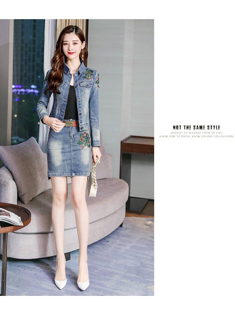 Vangull 2019 Herfst Vrouwen Bloemen Borduren Denim Jas Rok Pak Elegante Casual 2 Stuks Set Korte Jean Jas Mini Rokken pak