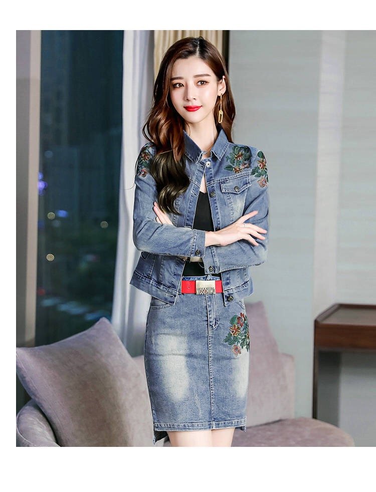 Vangull 2019 Herfst Vrouwen Bloemen Borduren Denim Jas Rok Pak Elegante Casual 2 Stuks Set Korte Jean Jas Mini Rokken pak