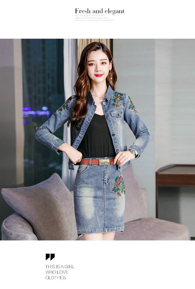 Vangull 2019 Herfst Vrouwen Bloemen Borduren Denim Jas Rok Pak Elegante Casual 2 Stuks Set Korte Jean Jas Mini Rokken pak