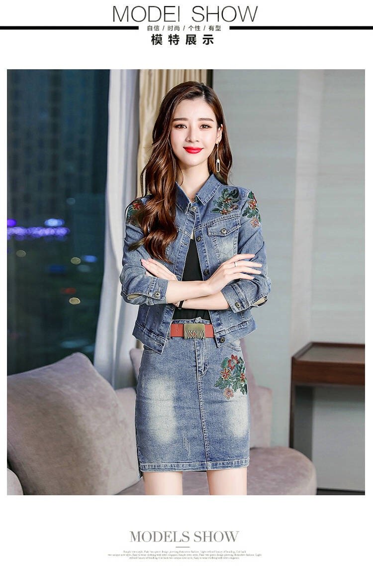 Vangull 2019 Herfst Vrouwen Bloemen Borduren Denim Jas Rok Pak Elegante Casual 2 Stuks Set Korte Jean Jas Mini Rokken pak