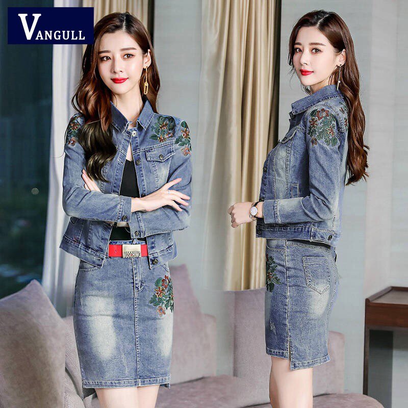 Vangull 2019 Herfst Vrouwen Bloemen Borduren Denim Jas Rok Pak Elegante Casual 2 Stuks Set Korte Jean Jas Mini Rokken pak