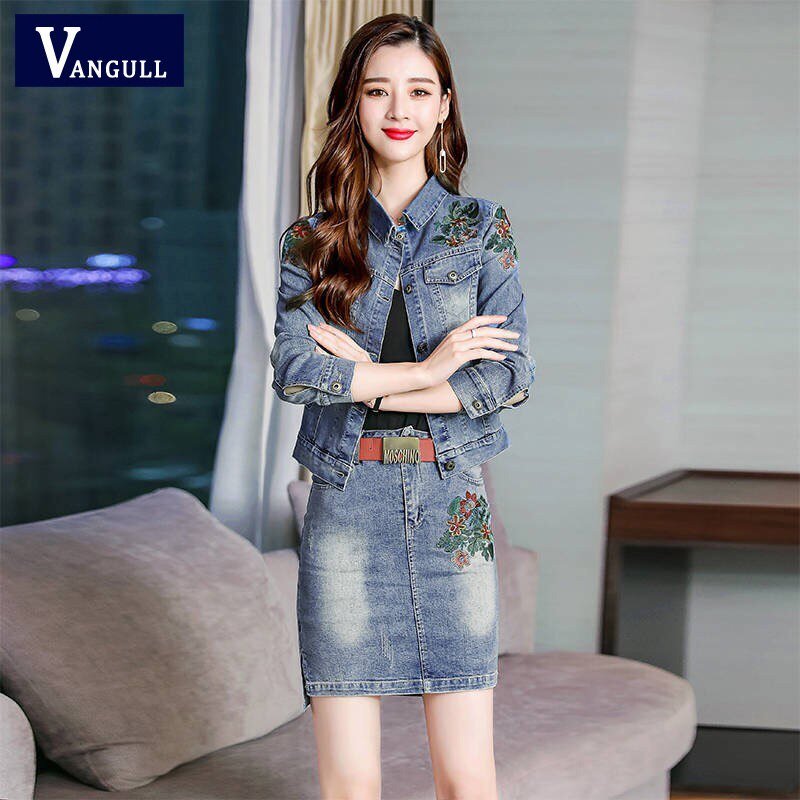 Vangull 2019 Herfst Vrouwen Bloemen Borduren Denim Jas Rok Pak Elegante Casual 2 Stuks Set Korte Jean Jas Mini Rokken pak