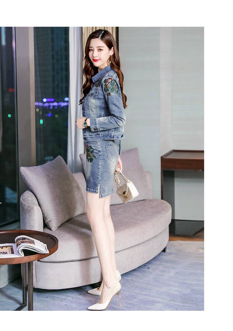 Vangull 2019 Herfst Vrouwen Bloemen Borduren Denim Jas Rok Pak Elegante Casual 2 Stuks Set Korte Jean Jas Mini Rokken pak