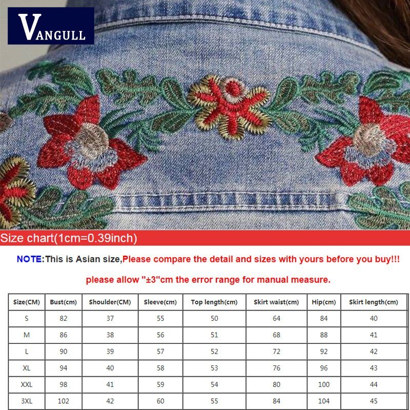 Vangull 2019 Herfst Vrouwen Bloemen Borduren Denim Jas Rok Pak Elegante Casual 2 Stuks Set Korte Jean Jas Mini Rokken pak