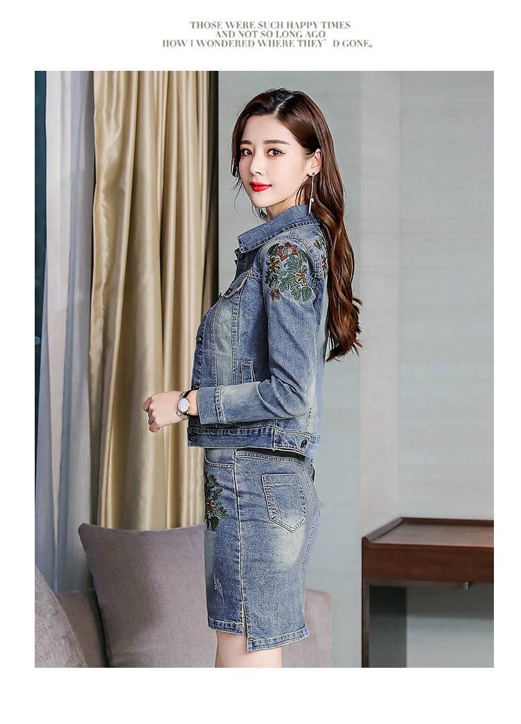 Vangull 2019 Herfst Vrouwen Bloemen Borduren Denim Jas Rok Pak Elegante Casual 2 Stuks Set Korte Jean Jas Mini Rokken pak