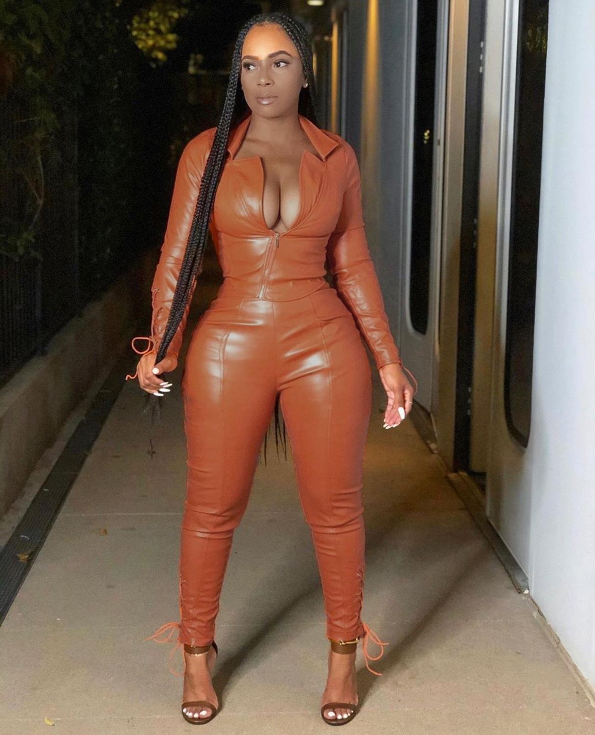 Echoine Pu Leer Rits Korte Jas En Tule Lace Up Pu Broek Set Twee Delige Set Bandage Biker Bodycon Club outfits Straat