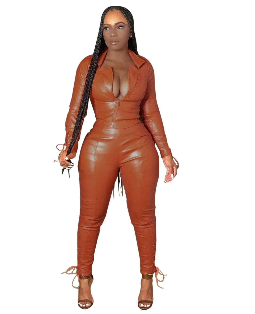 Echoine Pu Leer Rits Korte Jas En Tule Lace Up Pu Broek Set Twee Delige Set Bandage Biker Bodycon Club outfits Straat