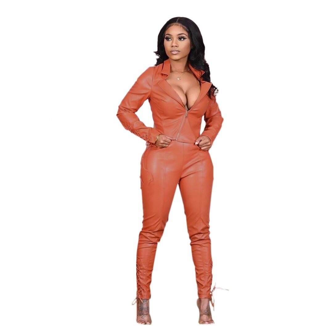 Echoine Pu Leer Rits Korte Jas En Tule Lace Up Pu Broek Set Twee Delige Set Bandage Biker Bodycon Club outfits Straat