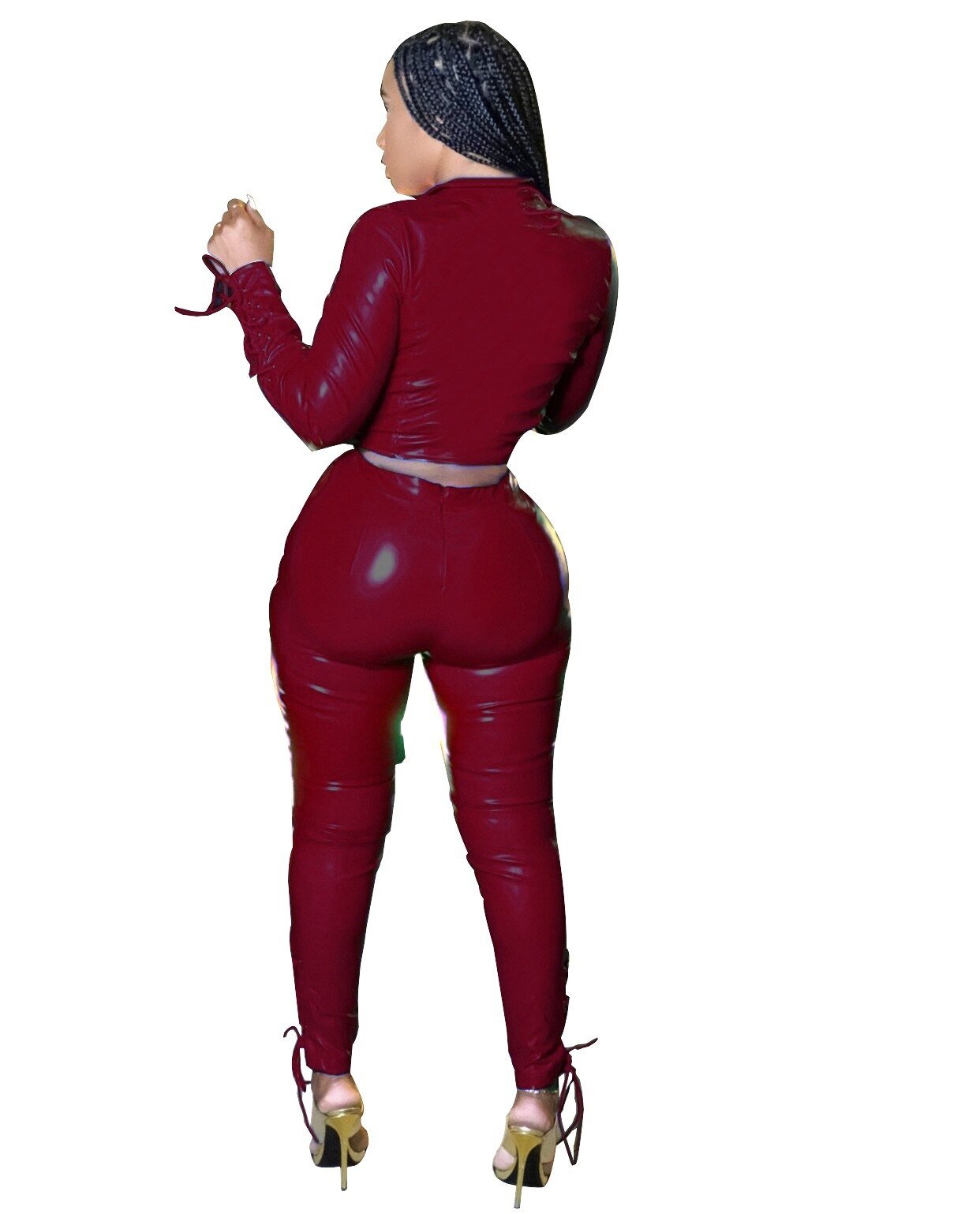Echoine Pu Leer Rits Korte Jas En Tule Lace Up Pu Broek Set Twee Delige Set Bandage Biker Bodycon Club outfits Straat