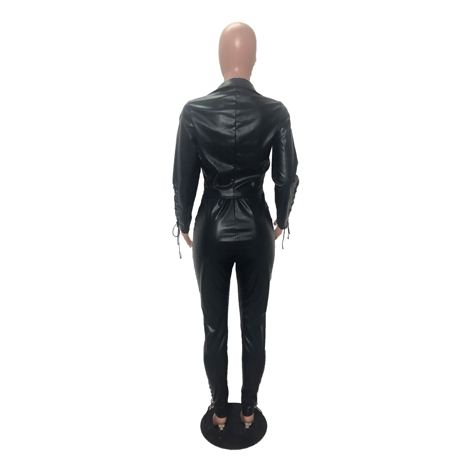 Echoine Pu Leer Rits Korte Jas En Tule Lace Up Pu Broek Set Twee Delige Set Bandage Biker Bodycon Club outfits Straat