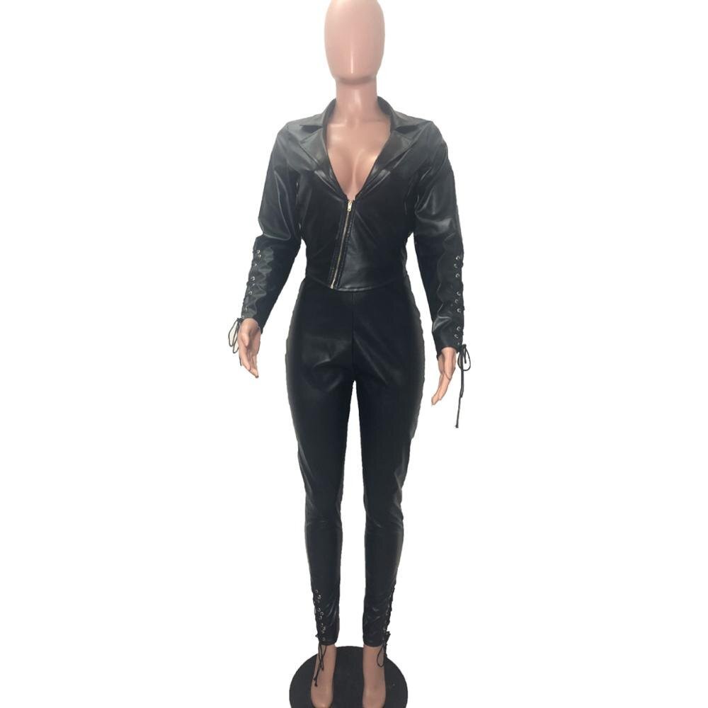 Echoine Pu Leer Rits Korte Jas En Tule Lace Up Pu Broek Set Twee Delige Set Bandage Biker Bodycon Club outfits Straat