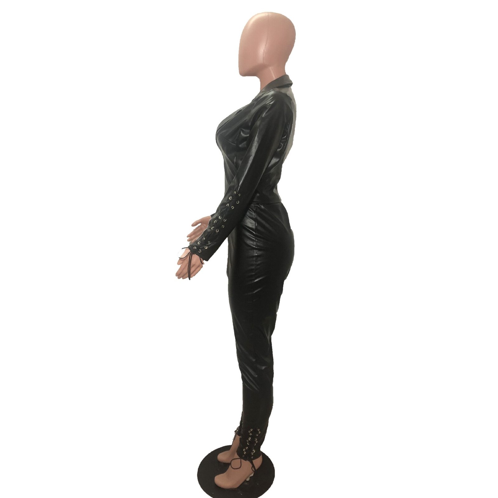 Echoine Pu Leer Rits Korte Jas En Tule Lace Up Pu Broek Set Twee Delige Set Bandage Biker Bodycon Club outfits Straat