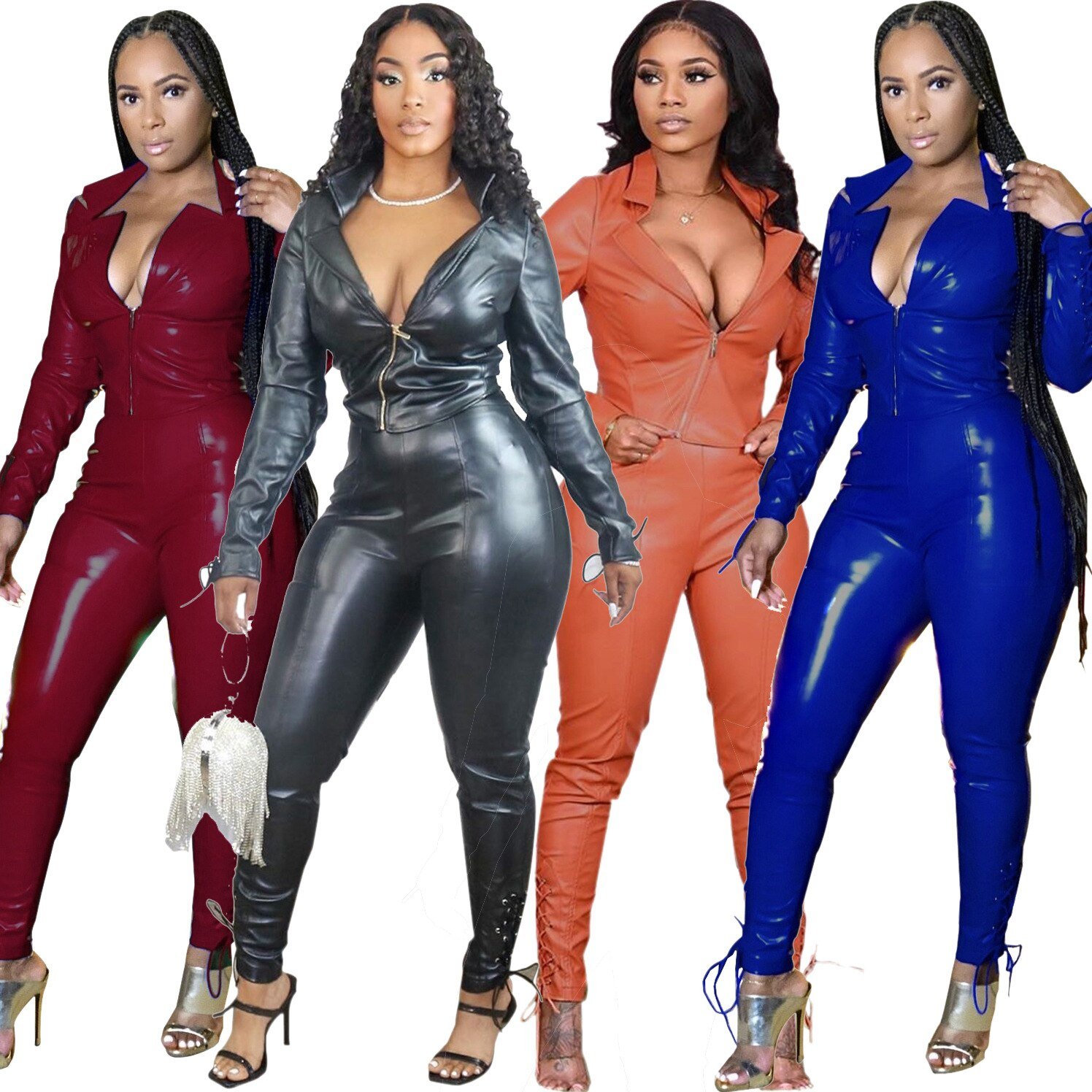 Echoine Pu Leer Rits Korte Jas En Tule Lace Up Pu Broek Set Twee Delige Set Bandage Biker Bodycon Club outfits Straat