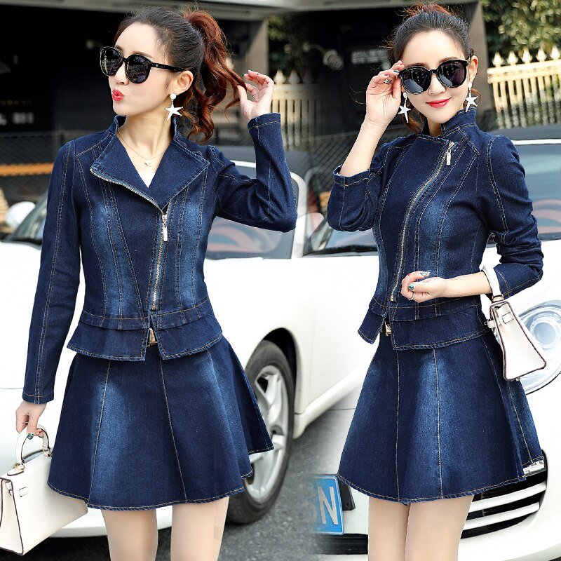 Denim Jas Rok Pak 2019 Lente Mode Elegante Toevallige 2 Delige Set Vrouwen Rits Jeans Jas En Mini Swing Rokken suits W976