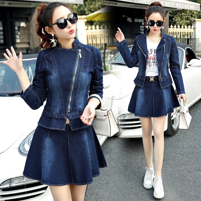 Denim Jas Rok Pak 2019 Lente Mode Elegante Toevallige 2 Delige Set Vrouwen Rits Jeans Jas En Mini Swing Rokken suits W976