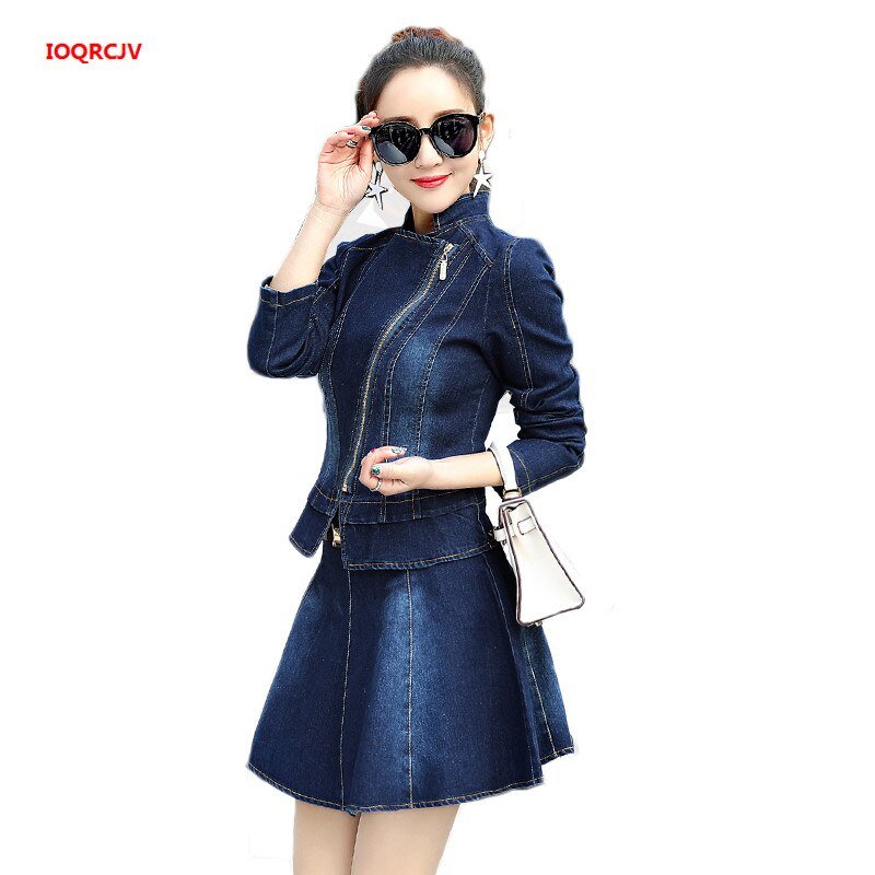 Denim Jas Rok Pak 2019 Lente Mode Elegante Toevallige 2 Delige Set Vrouwen Rits Jeans Jas En Mini Swing Rokken suits W976