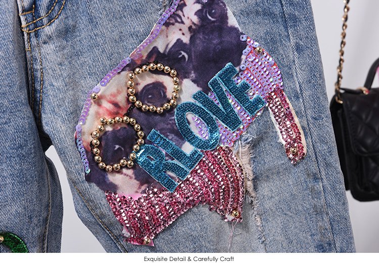 Mode Jeans Sets Denim Vest Jas Sets Vrouwen Tweedelige Set 2019 Lente Herfst Cartoon Lovertjes Jas + Gat Jeans femme