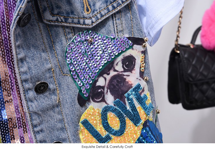 Mode Jeans Sets Denim Vest Jas Sets Vrouwen Tweedelige Set 2019 Lente Herfst Cartoon Lovertjes Jas + Gat Jeans femme