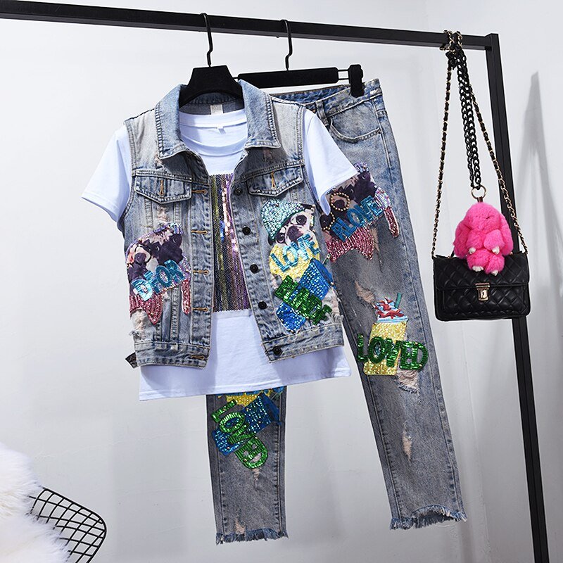 Mode Jeans Sets Denim Vest Jas Sets Vrouwen Tweedelige Set 2019 Lente Herfst Cartoon Lovertjes Jas + Gat Jeans femme