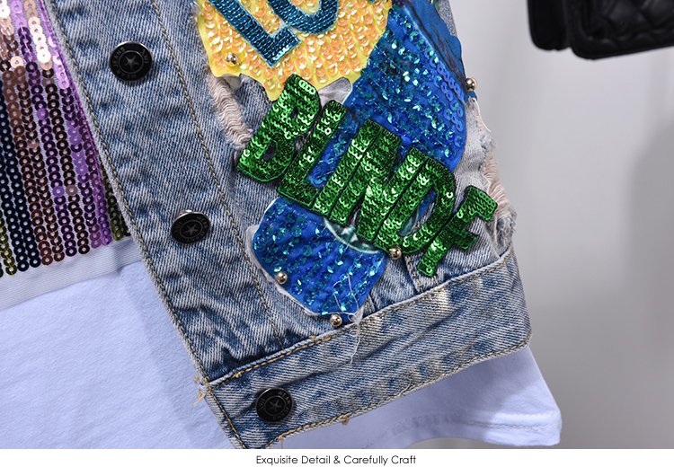 Mode Jeans Sets Denim Vest Jas Sets Vrouwen Tweedelige Set 2019 Lente Herfst Cartoon Lovertjes Jas + Gat Jeans femme