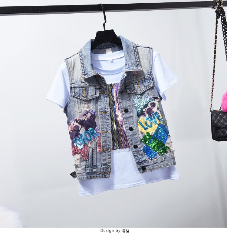 Mode Jeans Sets Denim Vest Jas Sets Vrouwen Tweedelige Set 2019 Lente Herfst Cartoon Lovertjes Jas + Gat Jeans femme