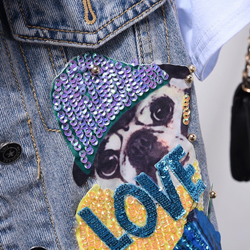 Mode Jeans Sets Denim Vest Jas Sets Vrouwen Tweedelige Set 2019 Lente Herfst Cartoon Lovertjes Jas + Gat Jeans femme