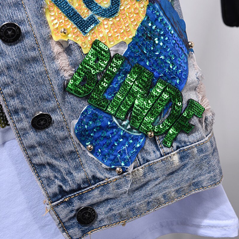 Mode Jeans Sets Denim Vest Jas Sets Vrouwen Tweedelige Set 2019 Lente Herfst Cartoon Lovertjes Jas + Gat Jeans femme