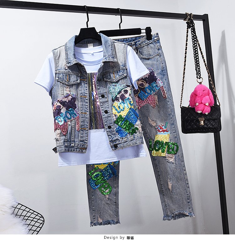 Mode Jeans Sets Denim Vest Jas Sets Vrouwen Tweedelige Set 2019 Lente Herfst Cartoon Lovertjes Jas + Gat Jeans femme