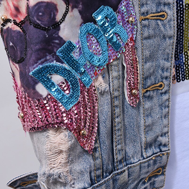 Mode Jeans Sets Denim Vest Jas Sets Vrouwen Tweedelige Set 2019 Lente Herfst Cartoon Lovertjes Jas + Gat Jeans femme