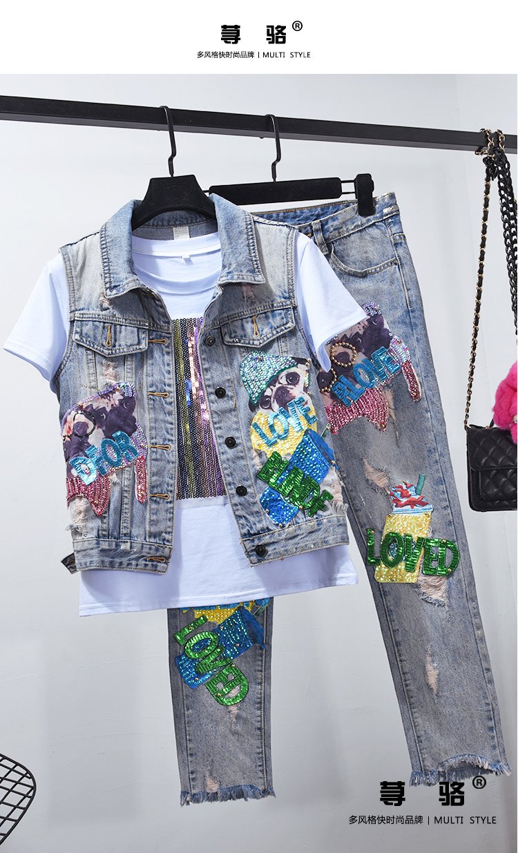 Mode Jeans Sets Denim Vest Jas Sets Vrouwen Tweedelige Set 2019 Lente Herfst Cartoon Lovertjes Jas + Gat Jeans femme